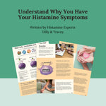 A book or booklet cover design with the title 'Understand Why You Have Your Histamine Symptoms' at the top, written by Dilly & Tracey Histamine Experts. Below the title, several overlapping page previews are shown, featuring diagrams of a leaky gut, photos explaining mast cells and informational panels about histamine and mast cells.