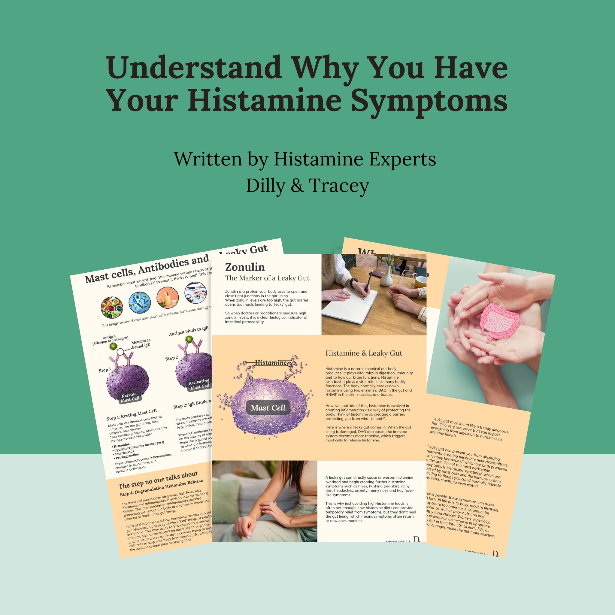 A book or booklet cover design with the title 'Understand Why You Have Your Histamine Symptoms' at the top, written by Dilly & Tracey Histamine Experts. Below the title, several overlapping page previews are shown, featuring diagrams of a leaky gut, photos explaining mast cells and informational panels about histamine and mast cells.